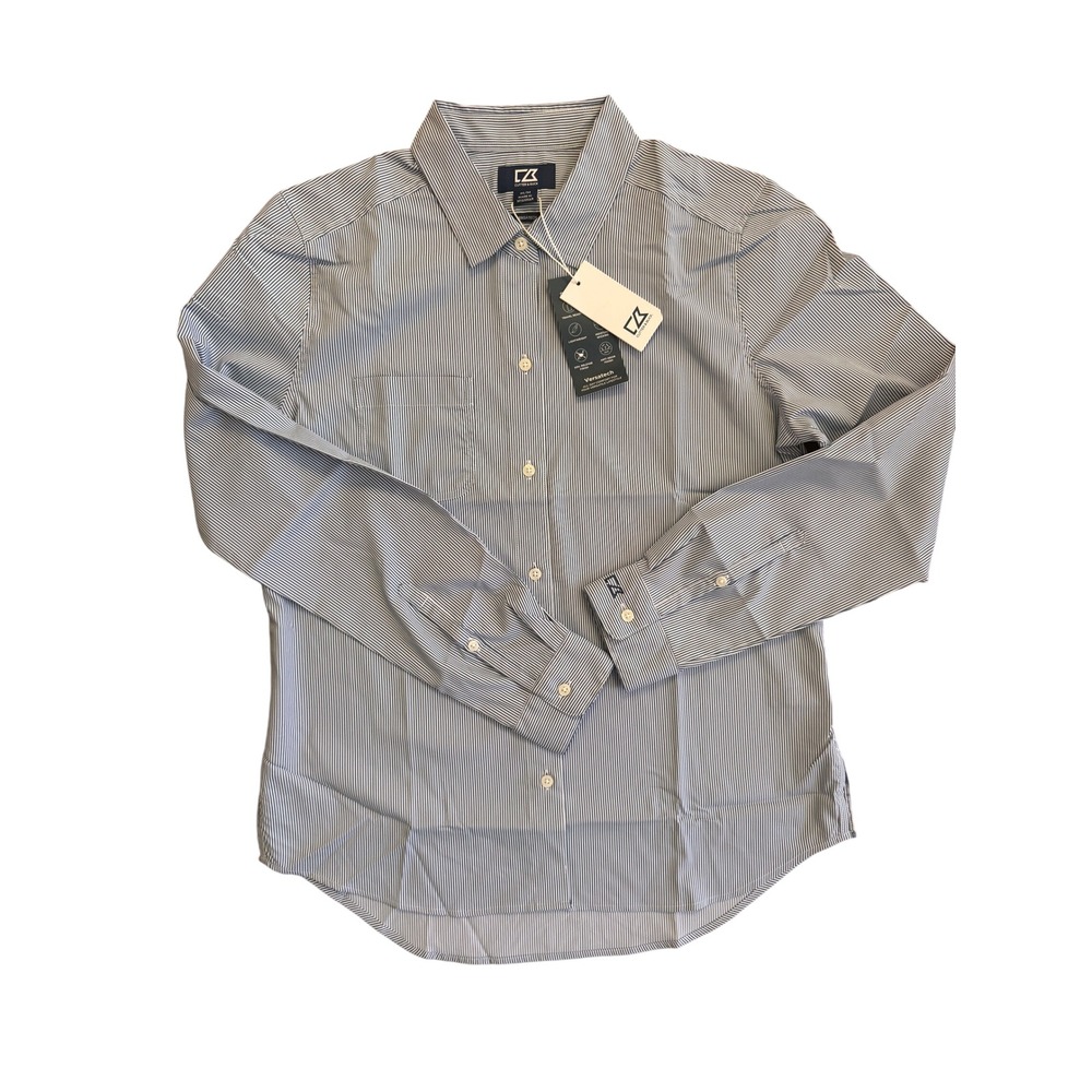 NEW Cutter & Buck Versatech Striped Button Down Shirt Indigo White Womens M